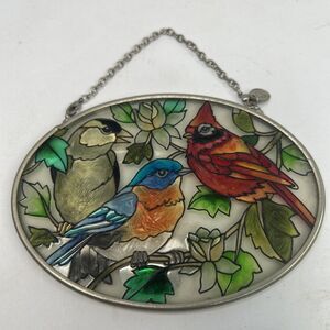 Vintage AMIA Hand Painted Glass Oval Suncatcher Three Songbirds